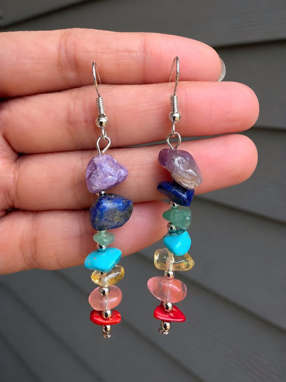 7 Chakra Stone Crystal Dangle Earrings Boho Handmade Crystal Jewelry -Silver